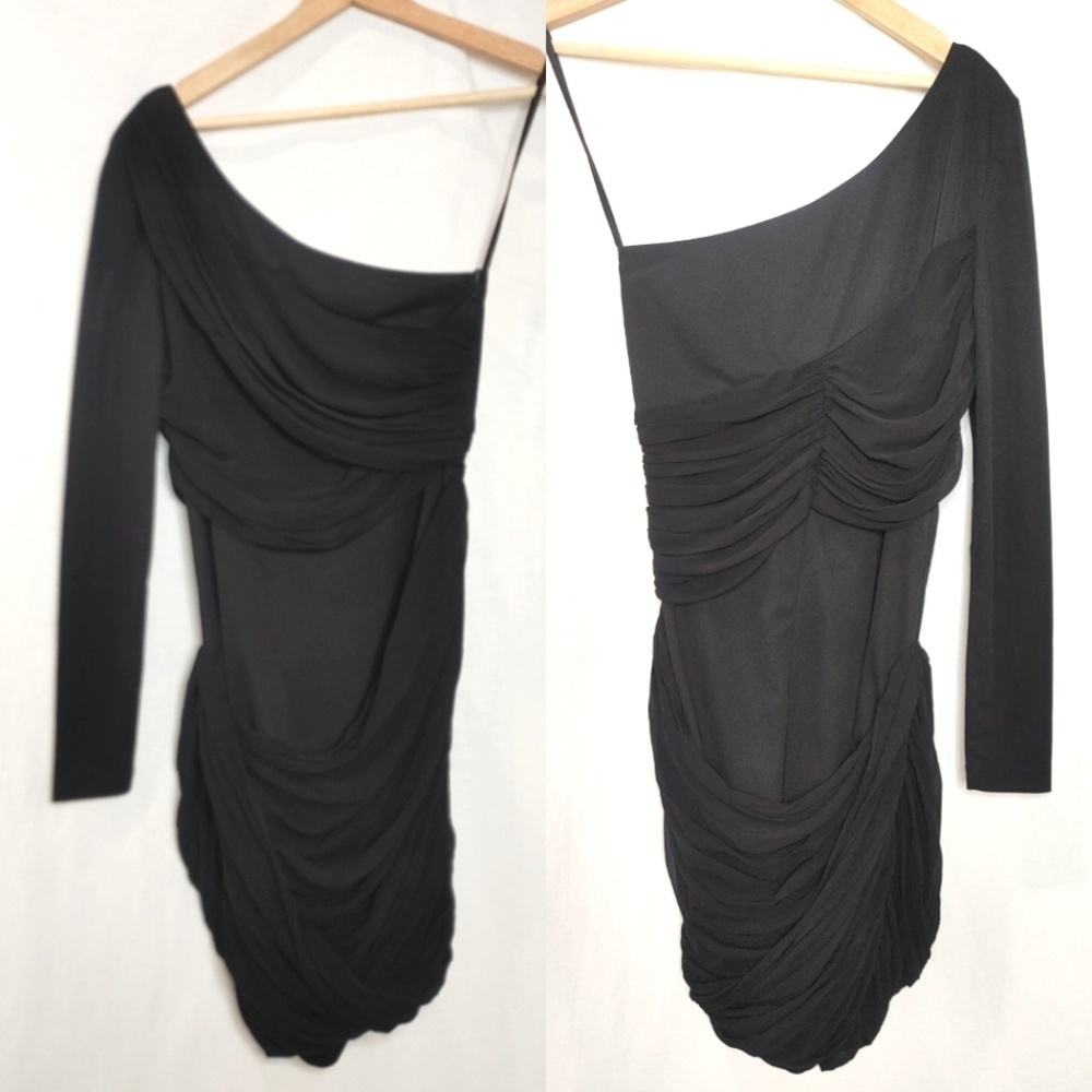 Blaque Label Dress One Shoulder‎ Mini Bodycon Ruching Black Stretch Small S